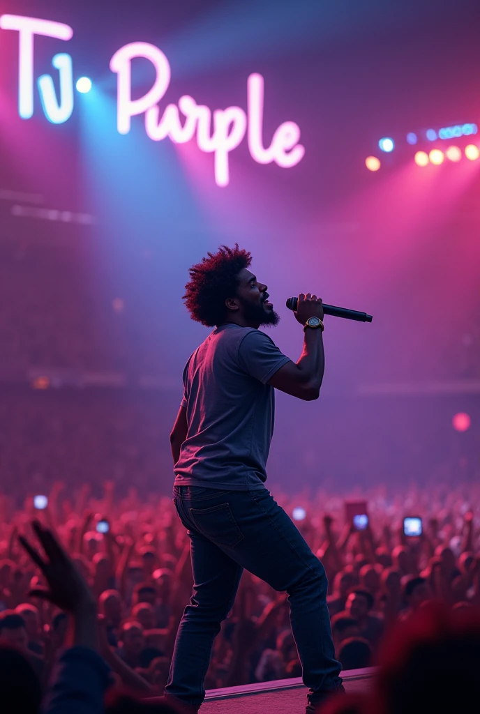 Afro male singing on a mic in a stadium filled with people with the word Tj Purple boldly written on the Background
