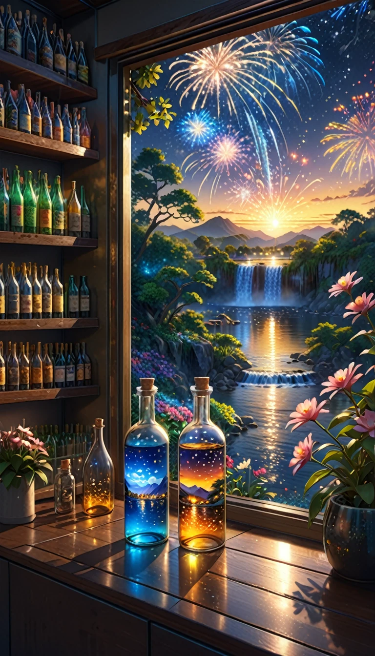 (masterpiece, Highest quality, Very detailed:1.2, Realistic, super photoRealistic, Realistic illustration, 8k),

Professional Color Grading, Sharp focus, Professional Lighting, Depth of written boundary, ((landscape)), ((Science fiction movies)), ((Concept Art))
 Bottle close-up, 
The colors of the flowers sparkle、afternoon, waterfall, Big tree, Starry Night, sunset, City in a glass bottle, filling glass bottle with the sparkling Starry Night and city, filling glass bottle with the sunset view, Many glass bottles on the shelf, The shelves are kept in the house, contrast,local,firework:2
