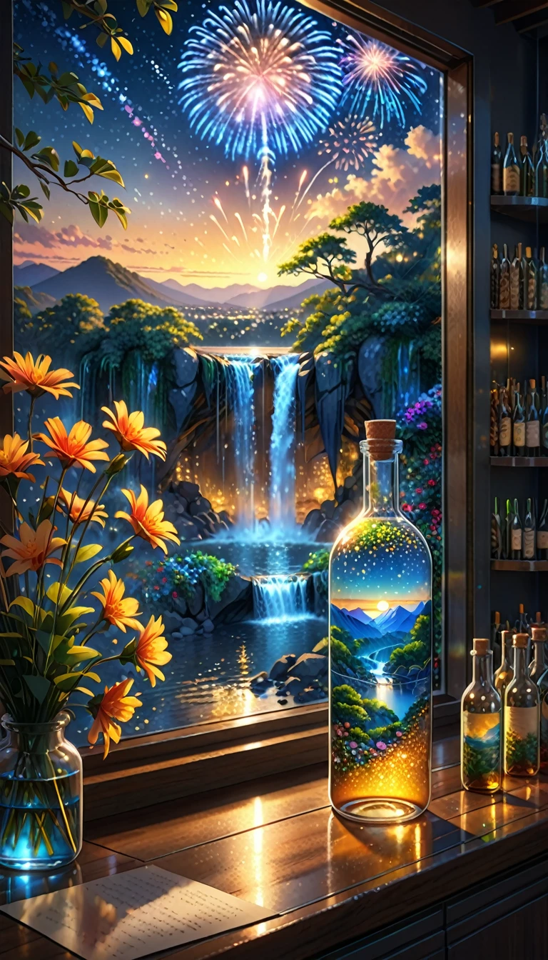 (masterpiece, Highest quality, Very detailed:1.2, Realistic, super photoRealistic, Realistic illustration, 8k),
Professional Color Grading, Sharp focus, Professional Lighting, Depth of written boundary, ((landscape)), ((Science fiction movies)), ((Concept Art))
Bottle close-up,
The colors of the flowers sparkle、afternoon, waterfall, Big tree, Starry Night, sunset, City in a glass bottle, filling glass bottle with the sparkling Starry Night and city, filling glass bottle with the sunset view, Many glass bottles on the shelf, The shelves are kept in the house, contrast,local,firework:2