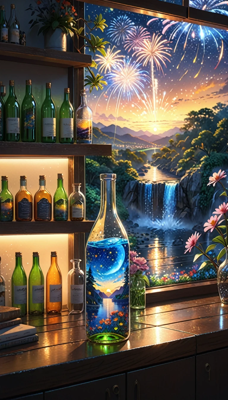 (masterpiece, Highest quality, Very detailed:1.2, Realistic, super photoRealistic, Realistic illustration, 8k),
Professional Color Grading, Sharp focus, Professional Lighting, Depth of written boundary, ((landscape)), ((Science fiction movies)), ((Concept Art))
Bottle close-up,
The colors of the flowers sparkle、afternoon, waterfall, Big tree, Starry Night, sunset, City in a glass bottle, filling glass bottle with the sparkling Starry Night and city, filling glass bottle with the sunset view, Many glass bottles on the shelf, The shelves are kept in the house, contrast,local,firework:2