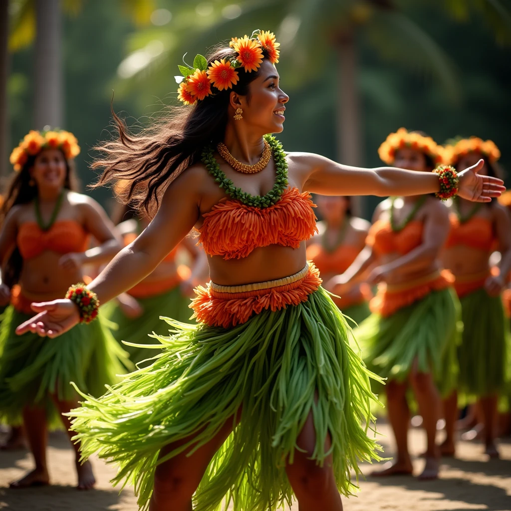 Top quality, high resolution, Hawaiian hula dance, expresses movement, gloss, sharp focus, photography,
