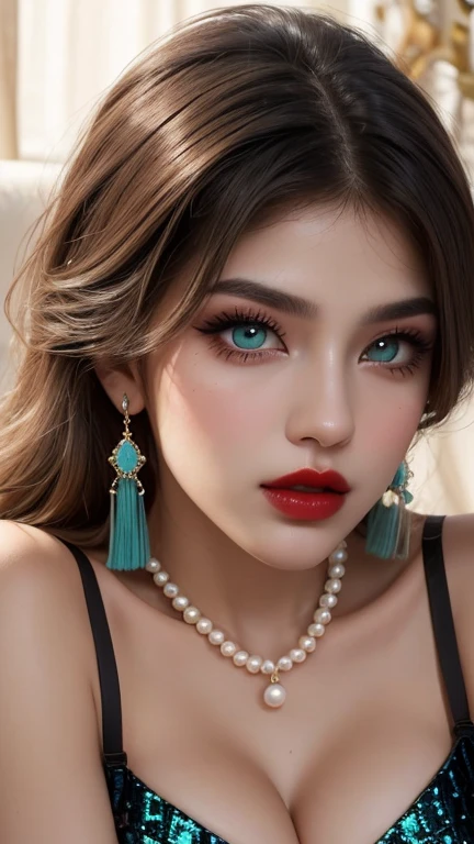 ultra realistic 8k cg, picture-perfect face, flawless, clean, masterpiece, professional artwork, famous artwork, cinematic lighting, cinematic bloom,
super realistic 8K, Perfect, clean , masterpiece, Professional artwork, famous artwork, face perfect, 


23yo girl, solo, alluring step daughter ,(sexy Bangladeshi women:1.2),
beautiful woman,very sexy appearance, seductive , rosy cheeks, smooth skin, 
huge breasts, smooth face, detailed face, smooth skin,shiny skin,highly detailed  face, detailed face, perfect proportions, well-proportioned body of six heads, huge breasts, thin waist, navel, big butt , crotch gap, large thighs,mature,toned legs, long neck, big ,detailed hair, ,detailed breasts, slim waist,beauty, long eyelashes, hourglass body, juicy lips,Beautiful expression, beautiful  eyes, 
Looks good with straight long hair,

Black  hair, long hair, silky hair, detailed bangs, (hair between eyes:1.2),

((Light olive eyes:1.2)),
looking into the camera,  
  detailed eyebrows,

(hourglass body:1.3), ultra detailed, best illustrated, showing off, seductive_pose, sexy eyes,full-body_portrait, Intrinsic exquisite details of (eyes,  hair,  skin,  face,  hands,  fingers,  anatomy),  stunning otherworldly beauty, sexy pose, 

She is wearing (Teal Crêpe Camisoles with black lace design:1.3) and (Shine In A Sequins Design Bra:1.5),(gorgeous bright neon blue eye makeup),(double eyelids,long eyelashes), (thin red winged eyeliner),

full and juicy lips(glossy red lipstick:1.3), belly jewelery, pearl necklace, pearl ear_rings, perfect fingers and nails, red_fingernails, golden ratio, seductive_pose,  big_boobies,deep cleavage,
,professional photoshot, incredibly beautiful woman in the form of a 'Desi Milf', elegant wild beauty and attractiveness, seductiveness and inaccessibility, beautiful, photoshot for Vogue magazines, sensual, ultra detailed, ,mature female,1 girl,cowboy_pose,naughty, (iu:0.8),cleavage,