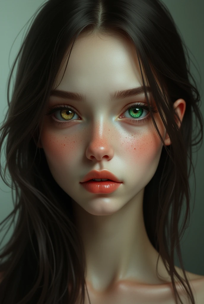 Create one with long dark brown hair, with heterochromia one eye green and the other brown and a Roman nose