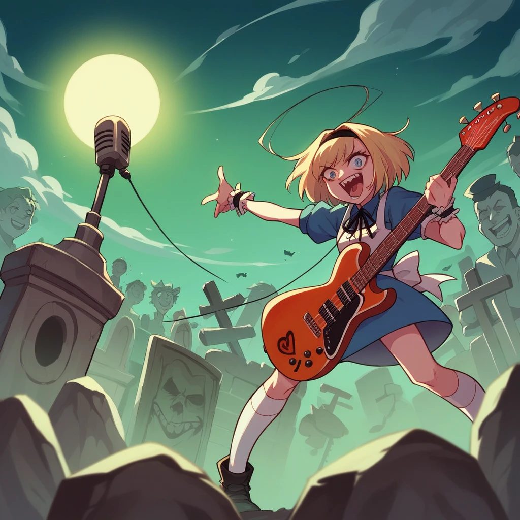 Bold brushstrokes, anime style illustration, midsummer night, crazy fun, cinematic lighting, Alice and the main characters from "Alice in Wonderland" performing a rock concert in a graveyard in the middle of the night, Alice with an electric guitar hanging from her shoulder, singing into a microphone, the dead audience cheering on.