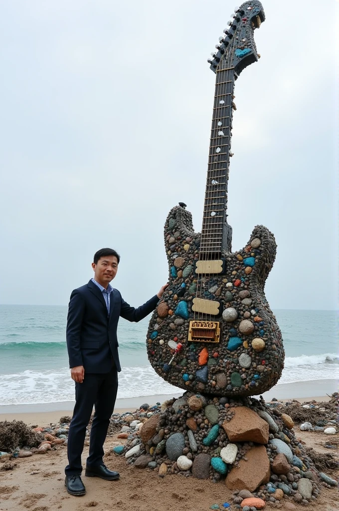 Chinese artist showing his sculpture of a two-meter guitar on a beach made of garbage collected in the ocean with people or serving it