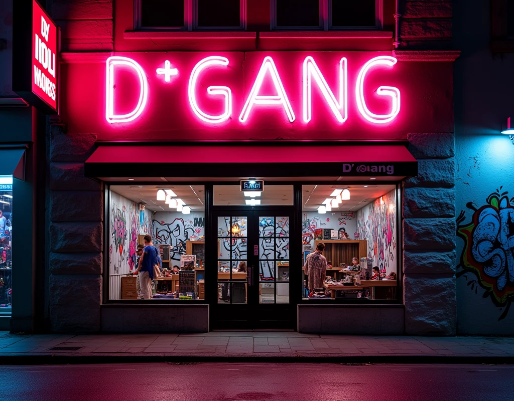 Front of a music label named D"GANG in capital letters on the facade, in neon graffiti theme, street underground