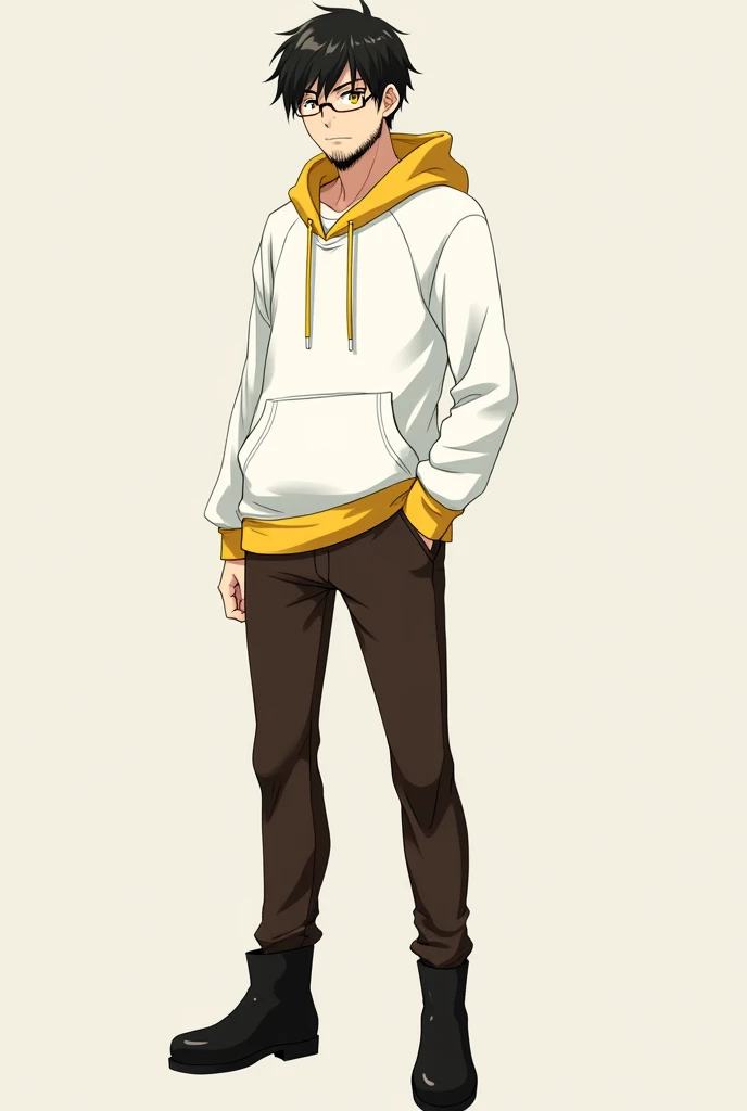I want a picture of an anime character, The character is a sailor with a bit of a beard, glasses black hair and white tea, The color of his eyes is yellow, wears a sailor sweatshirt, The color palette of the robe is white with yellow, His pants are dark brown and he wears black boots., remember it's anime style, Please.