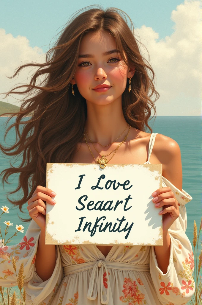 Beautiful girl with wavy long hair, bohemian dress, holding a white board with text "I Love Seaart Infinity" and showing it to the viewer