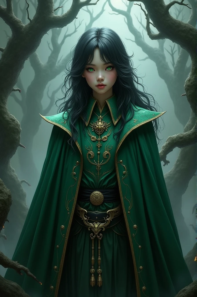 create the genshin impact character in a realistic way, wearing Slytherin clothes and in Dark Fantasy