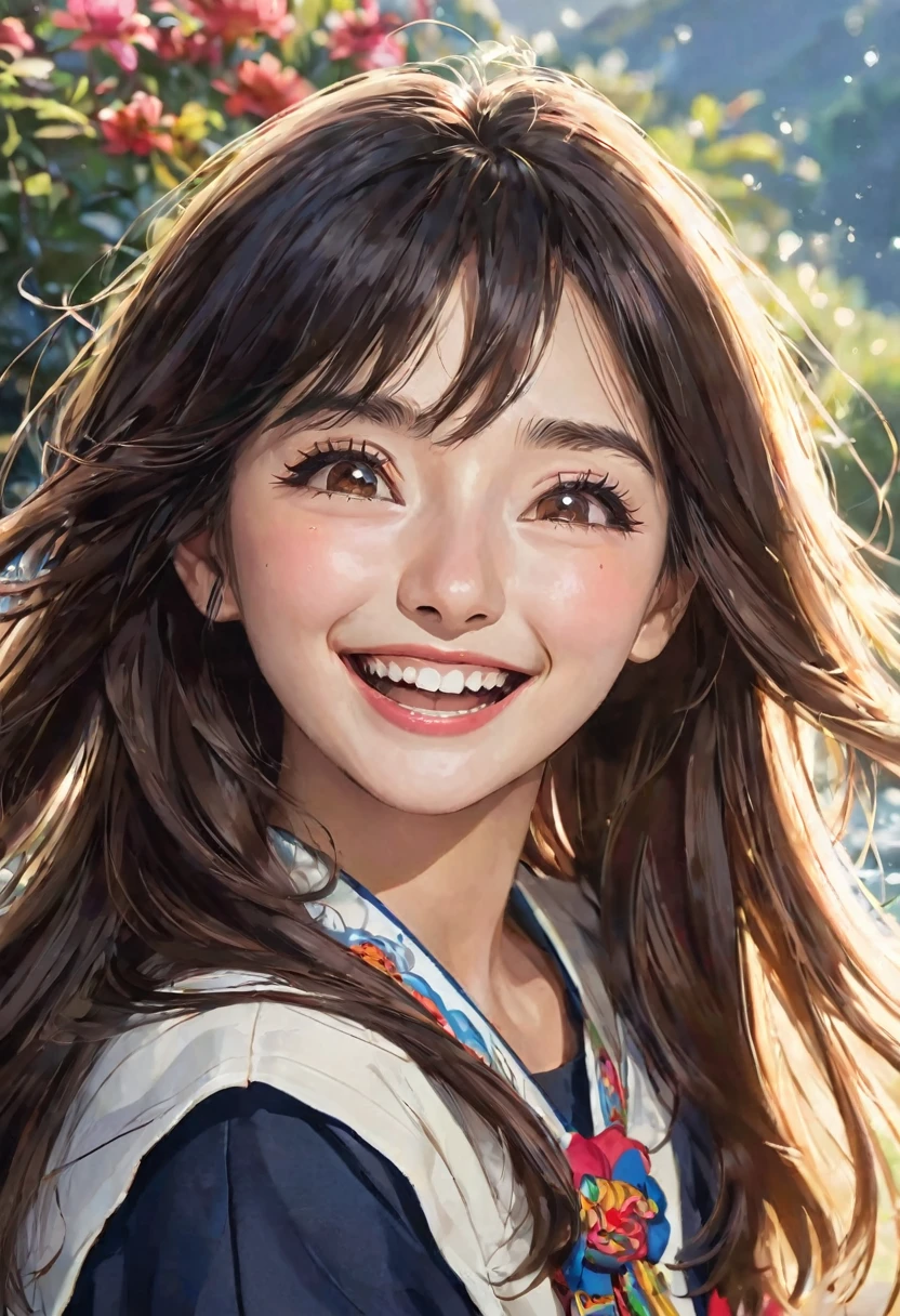 (RAW photo, highest quality), (realistic, photorealistic: 1.2), close-up portrait photo, 1 girl, smile, (high detail skin: 1.4), soft lighting, high quality, 1 girl, solo, puffy eyes, gorgeous hair, air bang, brown black hair,