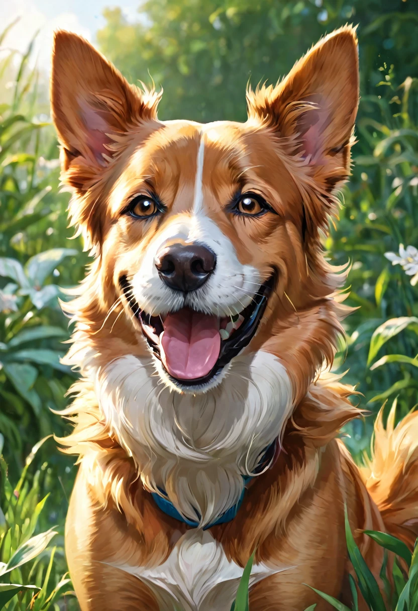 dog, calm expression, laugh, close one's eyes, Surrounded by gold coins, full of money, perfect face, perfect body, Stack the gold coins, fine particles of light