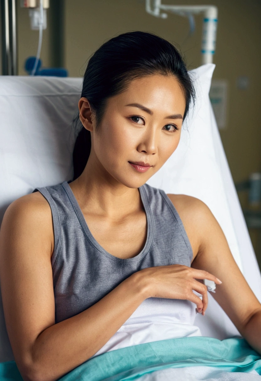 Beautiful 30 year old athletic asian woman wearing tank top lying in hospital bed. Toned arms. Female nurse standing next to her talking to her with hand on her shoulder