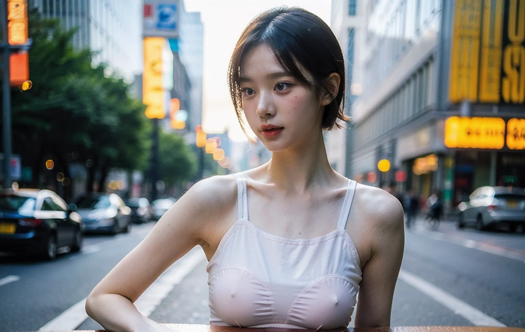 Best quality, masterpiece, ultra high res, (photorealistic), raw photo,1girl, skinny, upper body,solo, realistic, looking at viewer, short hair, bokeh background, city streets,brown eyes, bohemian dress, narrow sporty outfit,big boobs