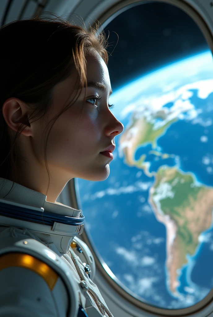 A striking portrait set within the observation deck of a futuristic space station, focusing on the close-up of a young woman’s face as she gazes out at the Earth. Her expression is one of deep contemplation and quiet melancholy, with her eyes reflecting the distant, blue planet that dominates the background. The Earth is incredibly detailed, with vibrant blues, greens, and whites showing its oceans, continents, and swirling clouds, giving a sharp contrast to the dark void of space. The curvature of the planet is visible, enhancing the sense of scale and distance.

The woman's face is softly illuminated by the natural light from Earth, casting gentle shadows that accentuate the delicate features of her face. Her hair, slightly floating due to the low gravity, adds a sense of ethereal beauty to the scene. She is wearing a sleek, modern spacesuit, with subtle reflective surfaces that catch the ambient light inside the station. Behind her, the window frames the Earth perfectly, creating a backdrop that is both awe-inspiring and emotionally resonant. The overall composition captures the intimate connection between the lone observer and the planet, evoking a sense of longing and the fragile beauty of our world seen from the vastness of space, Add the Text y 3D yellow Sparta FONT " HOW FAR IS IT"