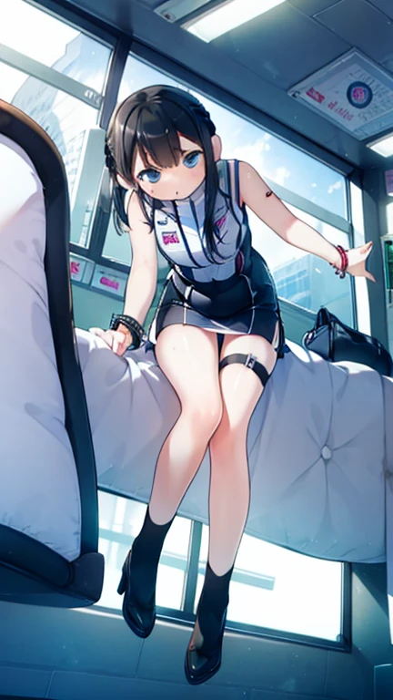 (Highest quality), (masterpiece), 1080P, High resolution, 4K, 8k, Inside the space station、Futuristic room、Thigh straps, Shooting from directly below, The woman on top of me, 白いSweat, Covered , Sweat, Woman looking down, Skirt swimsuit, Thigh-high socks, To achieve this, , , whole body, Black leather shoes, Braided hair, Inner Color, Embarrassed face, Short black hair, bracelet, Bedroom,celestial body_Vest
