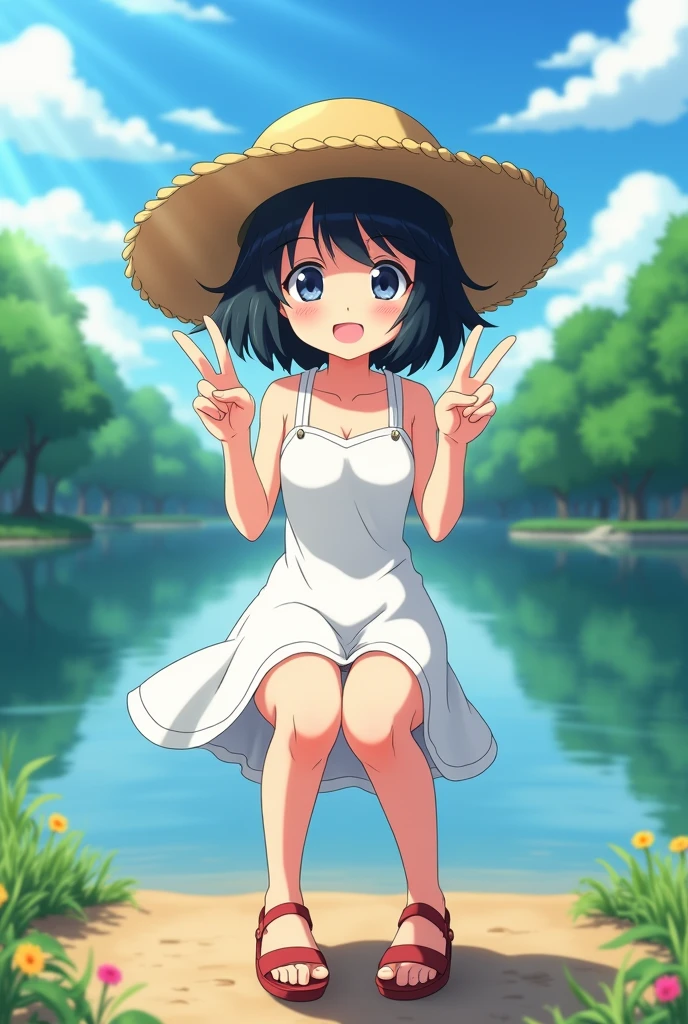 (((masterpiece))), Highest quality,Highest Resolution, Visual image of the anime, Perfect ???????, One Girl, 10 years old, (boyish), Flat chest, Black Hair, short hair, （Sunburned skin）, white one-piece dress ,Straw hat, Red sandals, Anime Character Panties, Squat,smile, Summer sky, River side, Japanese countryside, Cinema Lighting, Beautiful attention to detail,sunlight, Composition from the front, Top View, Peace sign with both hands