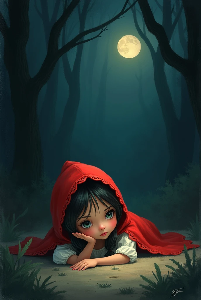 Little Red Riding Hood character, lying on the floor at night