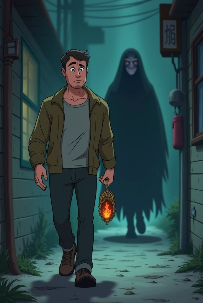 Scene of an innocent looking adult walking with an amulet in his hand, confused because he feels an aura behind him. animated cartoon, mature adult