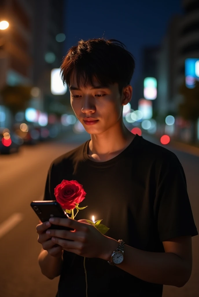 Scene Overview: A handsome young Thai man teenager with fair skin and an oval face, aged 20-25, and holding a phone in hand and red rose in hand Visual Elements: in the night