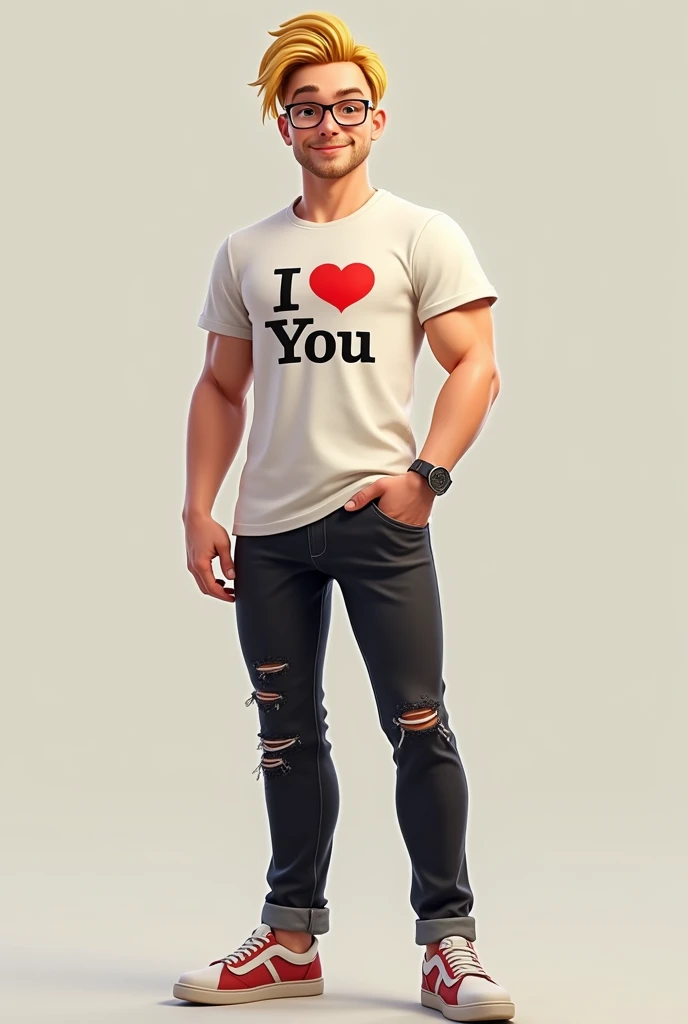 Personaje masculino con una camisa que diga i ❤️You y que sea rubio y con lentes y un pantalón negro rajado