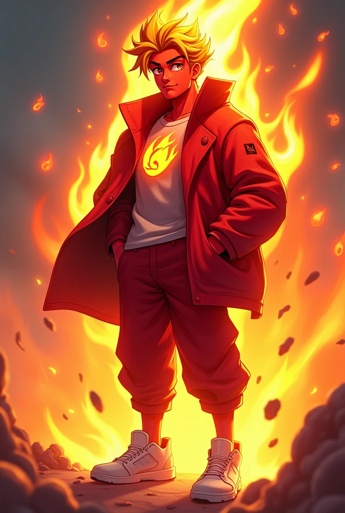 Red skin Fire hair Blouse with red coat with fire Red skin Red clothes with white blouse White sneakers Symbol of fire Gamer boy animation 