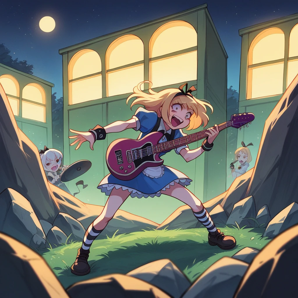 Bold brushstrokes, anime style illustration, midsummer night, crazy fun, cinematic lighting, Alice and the main characters from "Alice in Wonderland" performing a rock concert in a graveyard in the middle of the night, Alice with an electric guitar hanging from her shoulder, singing into a microphone, the dead audience cheering on.