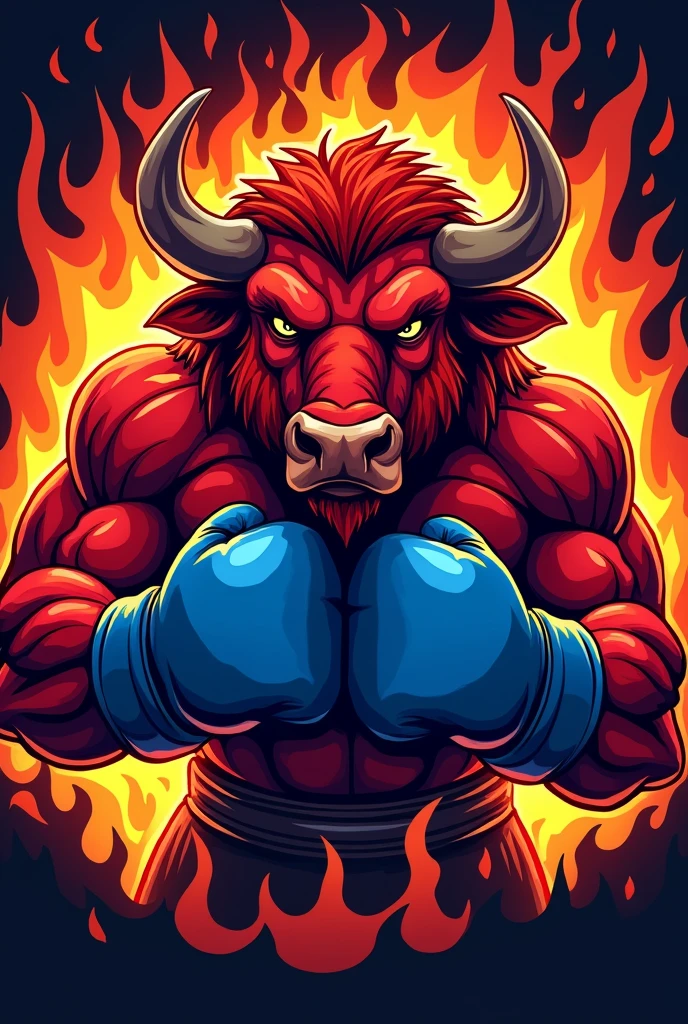 Boxing logo with a red Buffalo with blue boxing gloves. And fire around