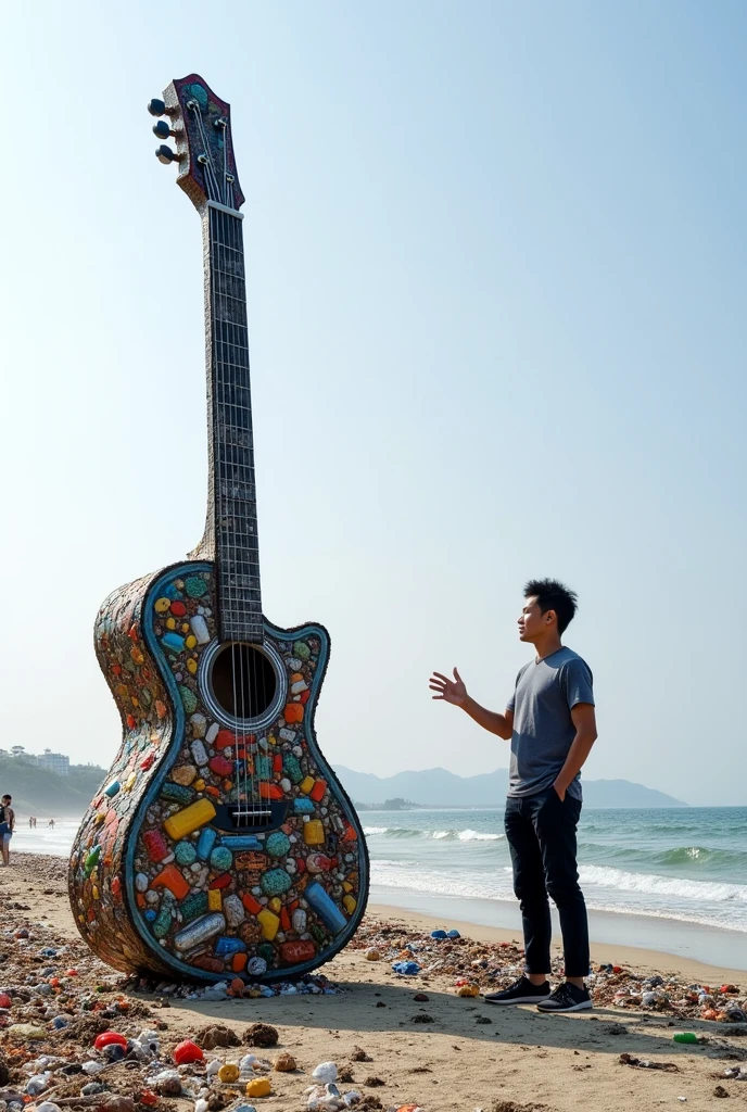 Chinese artist shows off his two-meter guitar sculpture on a beach made of trash collected in the ocean with people watching 