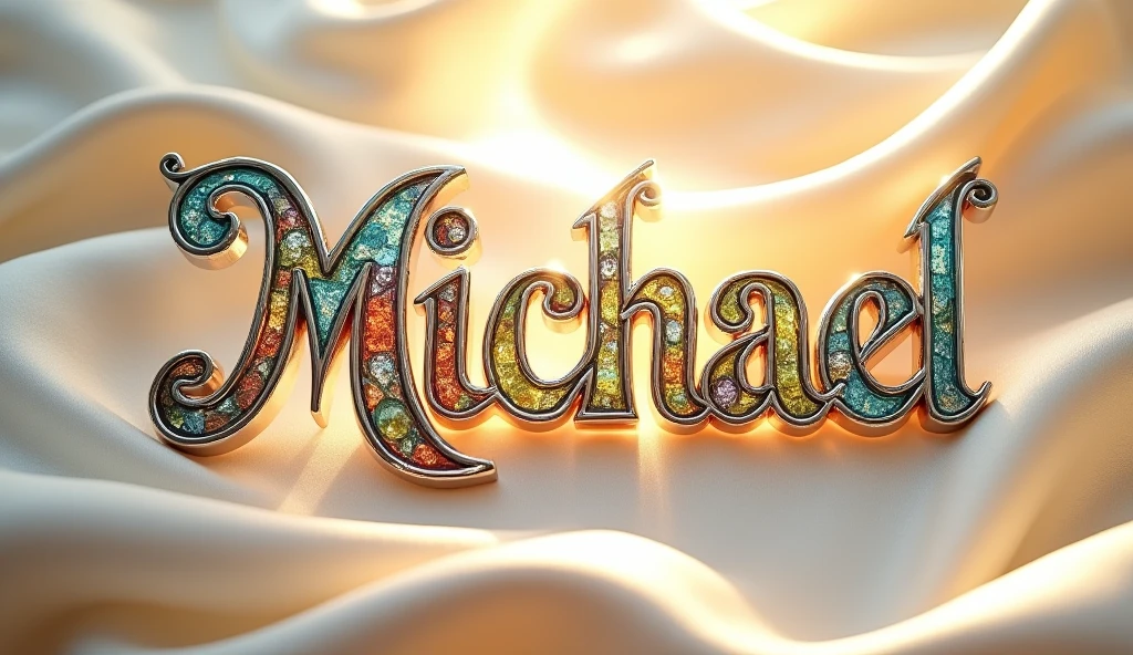 (text:"Michael") The word, in Art Nouveau fancy script text, shiny highly polished silver chrome with coloured glass insets, art nouveau, flowing shapes and flourishes, well lit front face view on flat cream silk background, directly lit text by very bright sun, tropical reflection on text, highlights, lens flare, logo, badge, emblem, insignia, label, photorealistic, extremely detailed, beautiful, unique, epic, cinematic, sparkling,