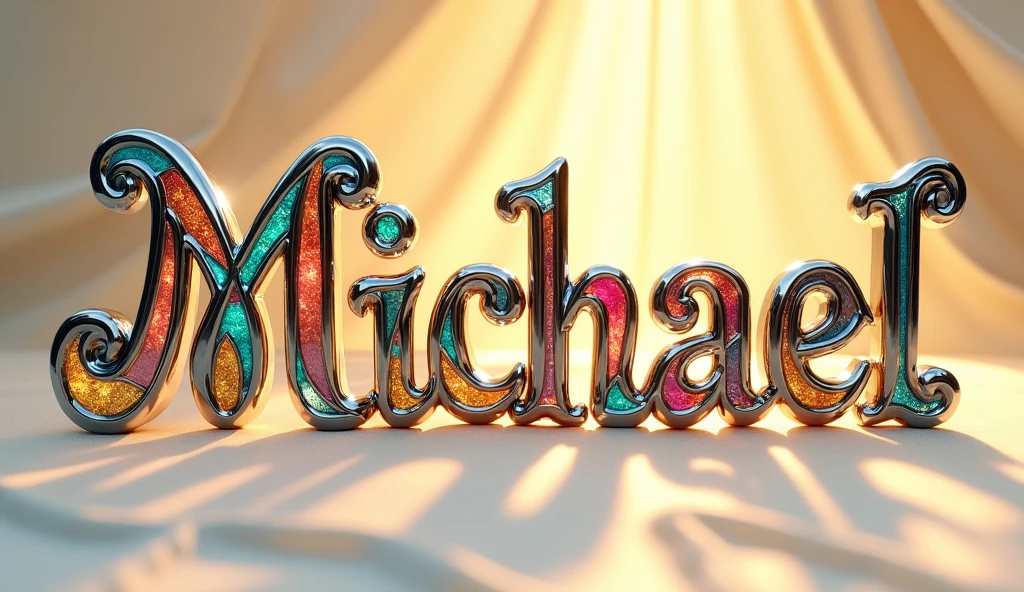 (text:"Michael") The word, in Art Nouveau fancy script text, shiny highly polished silver chrome with coloured glass insets, art nouveau, flowing shapes and flourishes, well lit front face view on flat cream silk background, directly lit text by very bright sun, tropical reflection on text, highlights, lens flare, logo, badge, emblem, insignia, label, photorealistic, extremely detailed, beautiful, unique, epic, cinematic, sparkling,