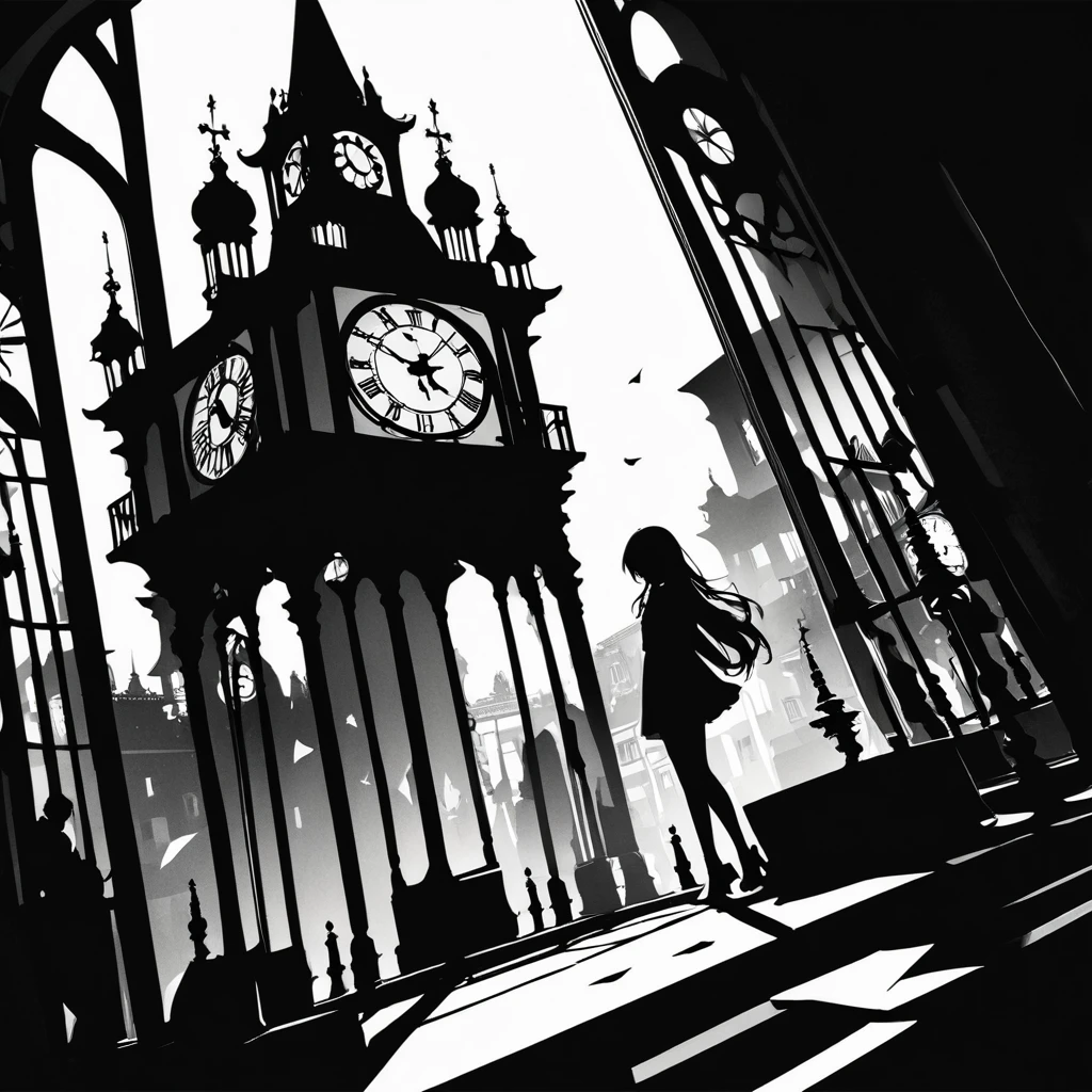 ((Monochrome artwork))、((How to cut paper)),High Contrast、(8k, Highest quality)、Ultra-high resolution、Adorable、Highest quality, beautiful, Absurd beauty、masterpiece、Best image quality、(silhouette),Clock Tower and Girl&#39;s Theme、European Landscape、Clock Tower Background、Girl taking a commemorative photo、Looking up from below、Enhance the shadows、contrast,local,firework:2