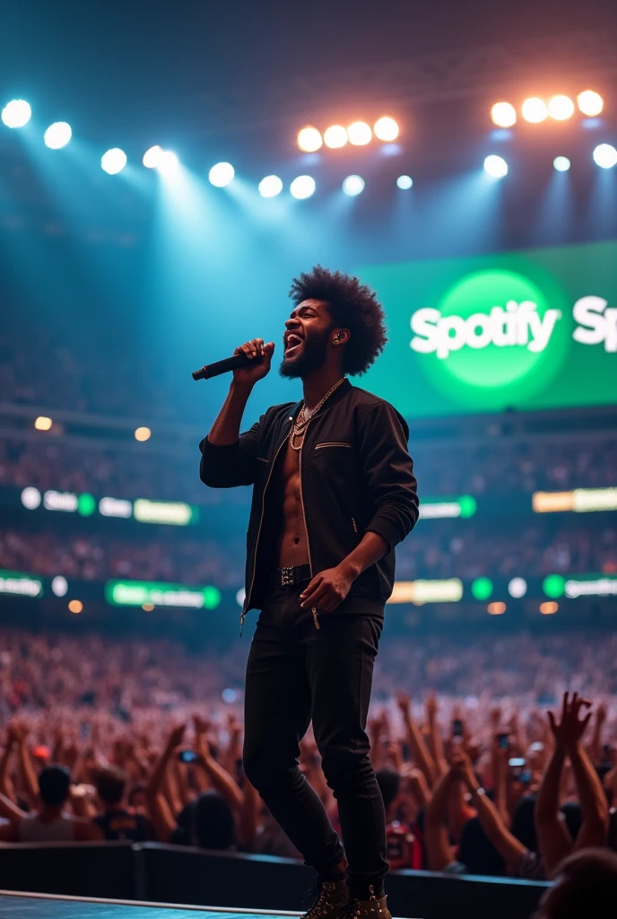 Afro male singing on a mic in a stadium filled with people with the word Spotify boldly written on the Background