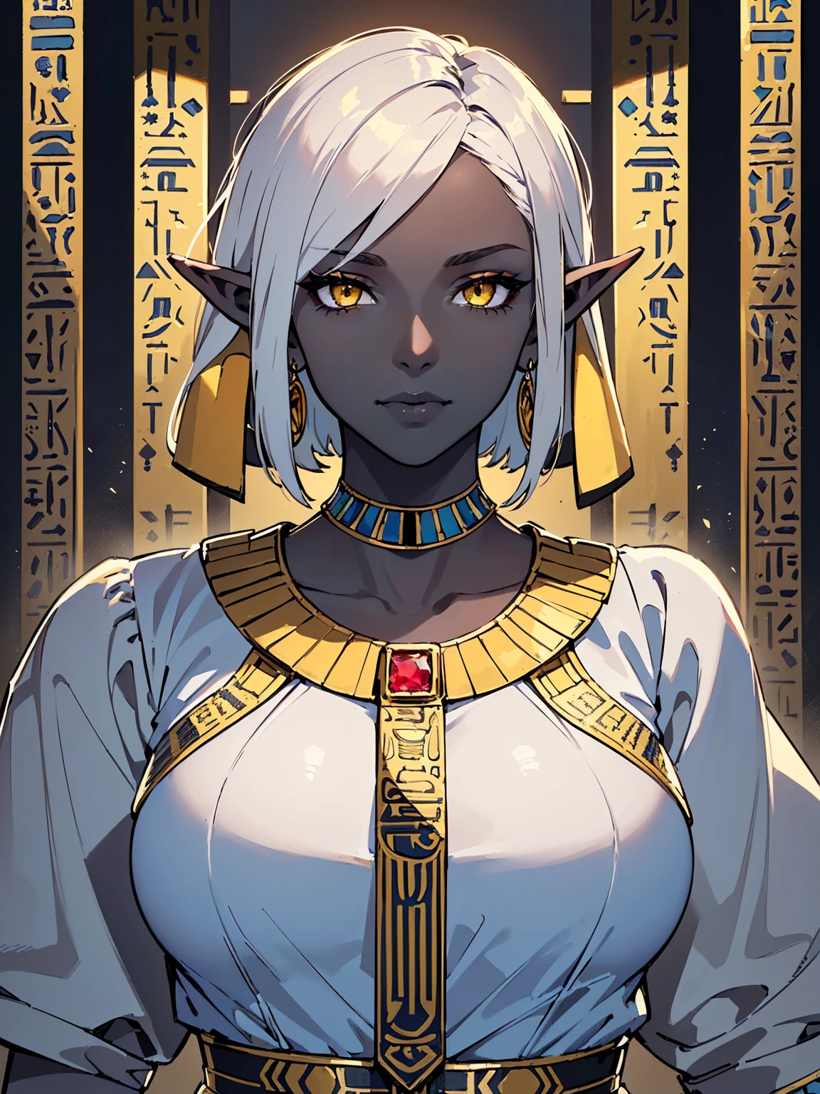 1girl, masterpiece, perfect face, (((dark blue skin tone, dark elf))), (Short White hair), ((yellow eyes)), ((perfection)), hourglass body, (((thicc))), ((((black ancient egypt clothing and jewlery)))), 8k, 4k resolution, highly detailed, (((beautiful mature woman))), ((cowboy shot)),