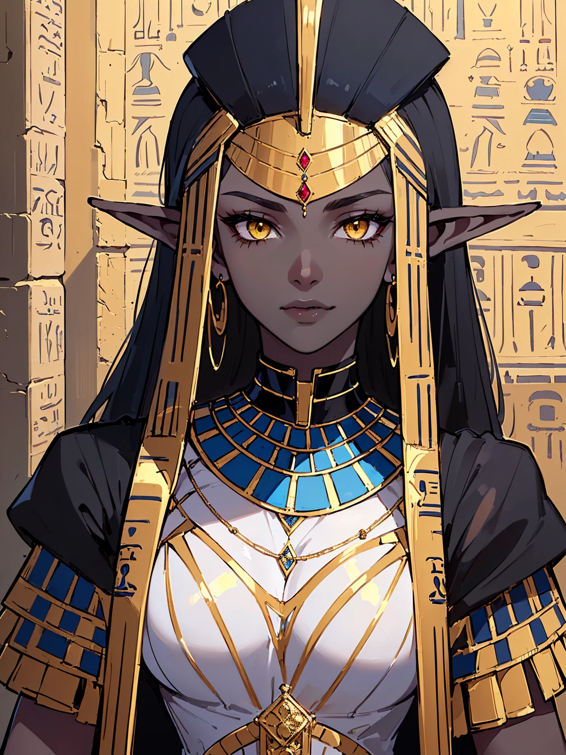 1girl, masterpiece, perfect face, (((dark blue skin tone1:3, dark elf))), (Short White hair), ((yellow eyes)), ((perfection)), hourglass body, (((thicc))), ((((black ancient egypt clothing and jewlery)))), 8k, 4k resolution, highly detailed, (beautiful mature woman), ((Portrait)),