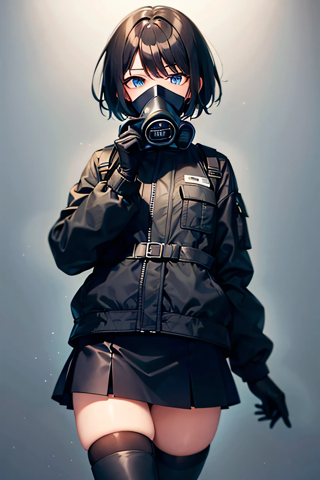 Girl, short black hair, (black gas mask covering his entire face),black jacket, short black skirt, black boots, black stockings, black gloves.
