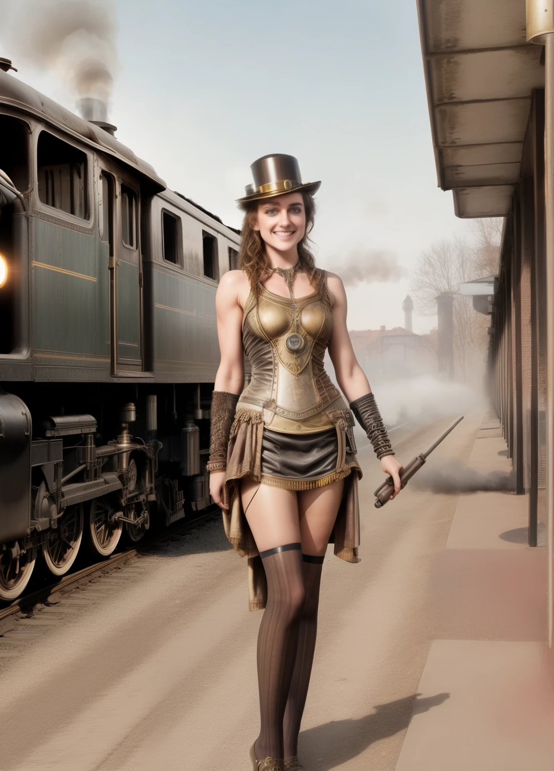 1 girl, aviator hat , solo, steam punk, train station, , steam, smoke, masterpiece, highly detailed,HDR,8k resolution, best quality,