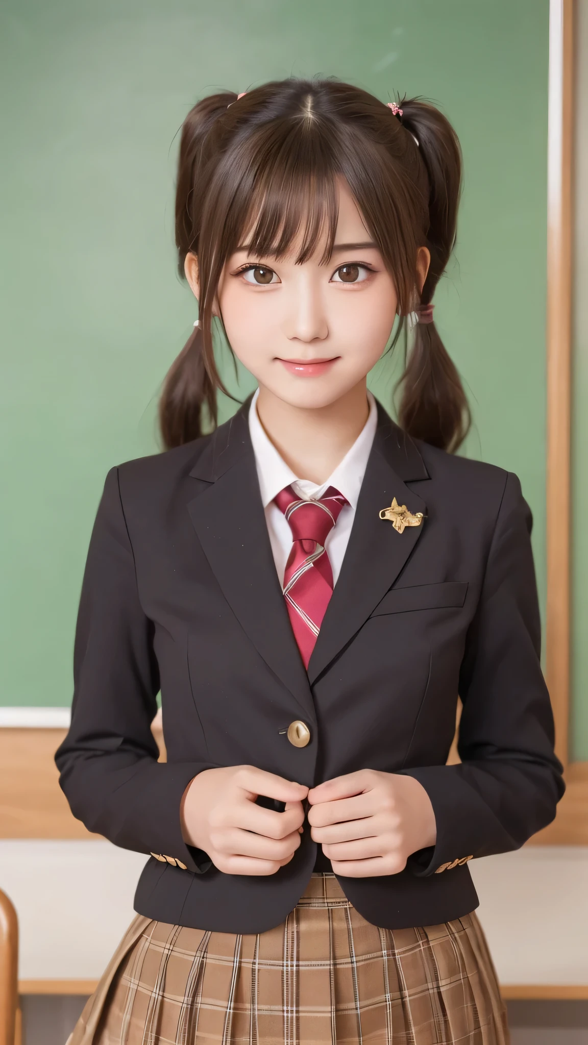 Tabletop, Highest quality, (beautiful girl:1.3), (16 years old:1.2), Very fine grain definition, (Symmetrical eyes:1.3), ((Browsing Caution)), (school uniform, Cute checked brown skirt:1.3), Beautiful breasts, Brown eyes, Parted bangs, Brown Hair, Upper teeth,Twin tail hairstyle,Brown blazer