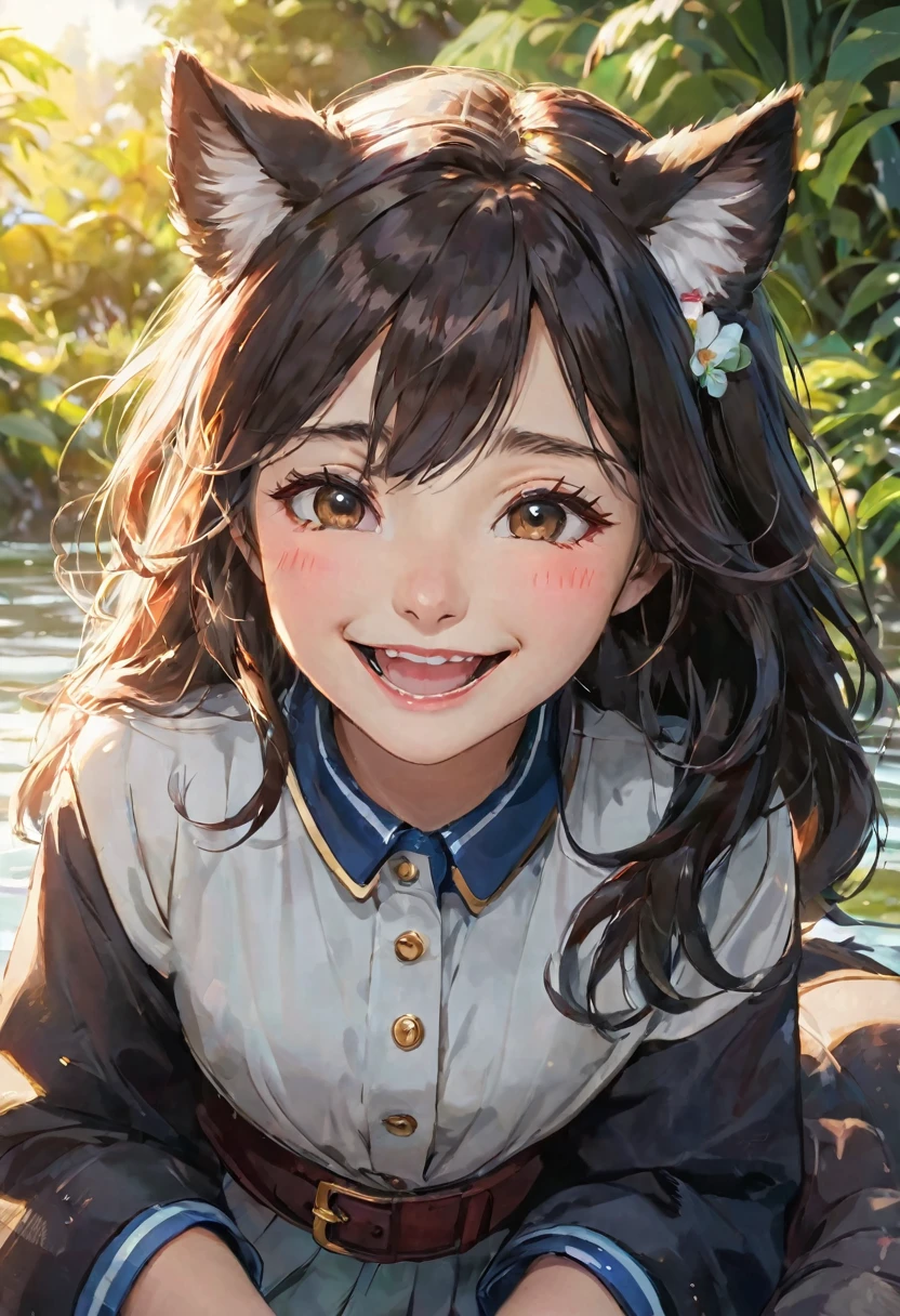 dog, calm expression, laugh, close one&#39;s eyes, Surrounded by gold coins, full of money, perfect face, perfect body, Stack the gold coins, fine particles of light