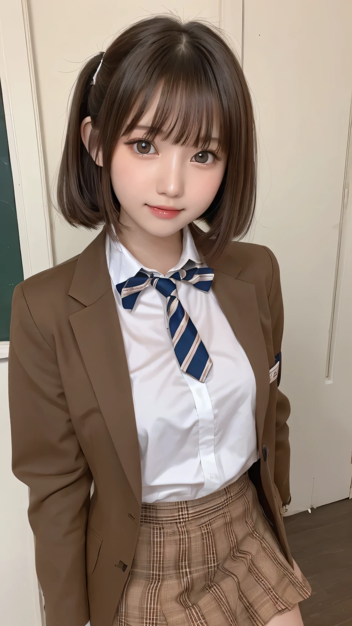 Tabletop, Highest quality, (beautiful girl:1.3), (16 years old:1.2), Very fine grain definition, (Symmetrical eyes:1.3), ((Browsing Caution)), (school uniform,  Cute checked brown skirt:1.3), Beautiful breasts, Brown eyes, Parted bangs, Brown Hair, Upper teeth,Twin tail hairstyle,Brown blazer