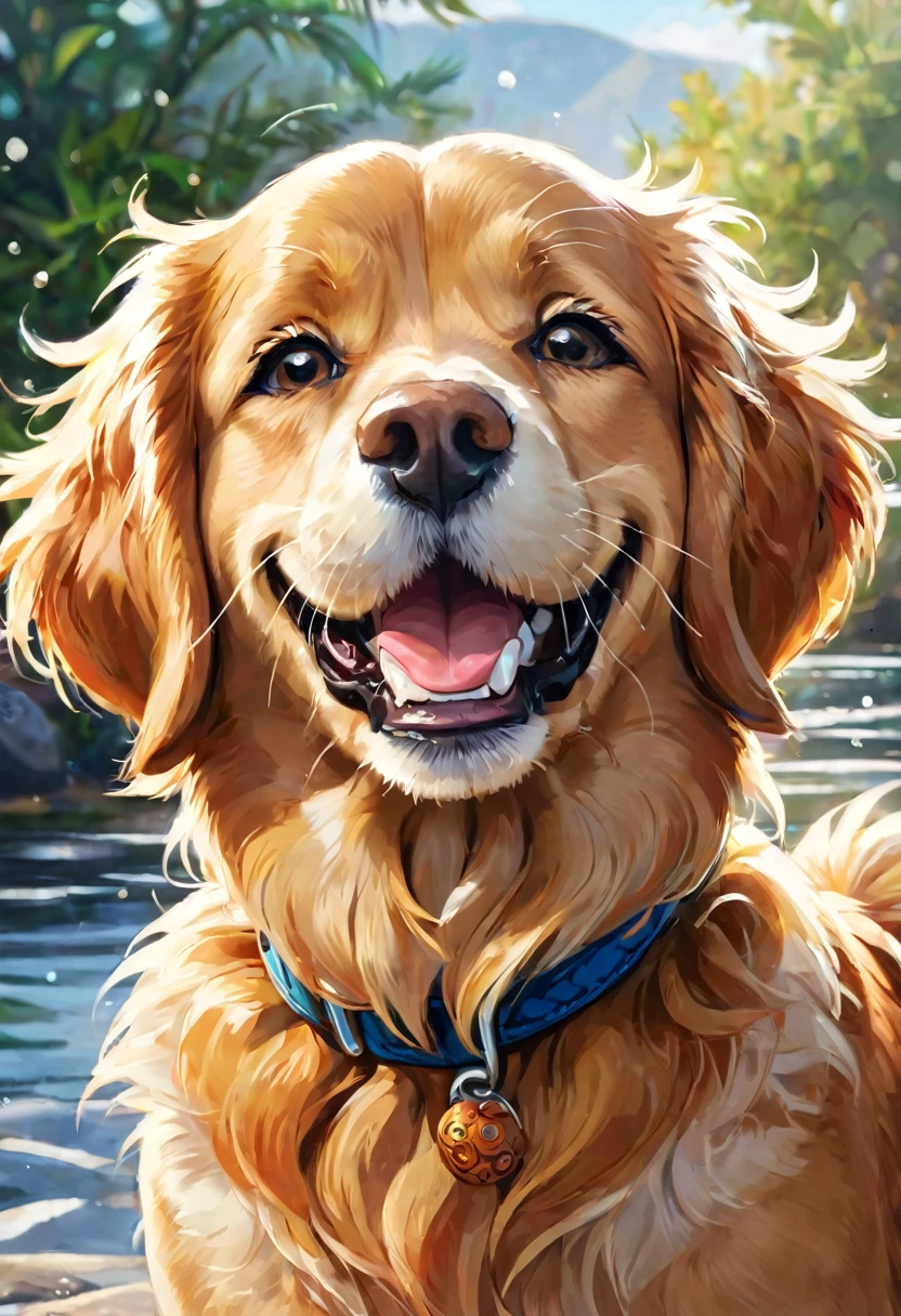 dog, calm expression, laugh, close one&#39;s eyes, Surrounded by gold coins, full of money, perfect face, perfect body, Stack the gold coins, fine particles of light