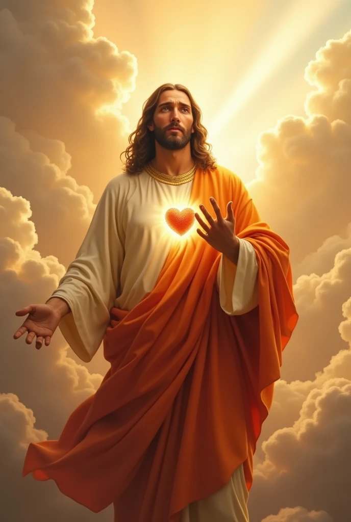 (photorealism:1.2), handsome Jesus Christ, crying while praying in the clouds, wearing orange king clothes with  light in his head and heart spreading all over in the clouds, perfect Jesus Christ, real Jesus Christ, perfect five hands, perfect crying face, elegant, soft lighting, many clouds, stand straight, realistic, intricate details, warm colors, by Earl Cornelio Necor