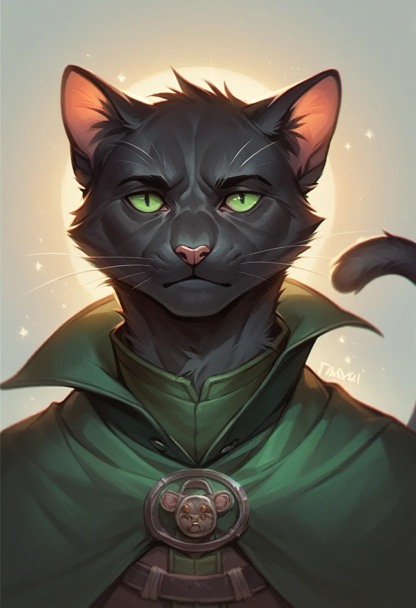 masterpiece, expressive eyes, perfect face, best quality, 1boy, male focus, solo focus, Adult, Tabaxi, Black fur, Cat, Cat tail, Green eyes, Rogue, bloodbourne, black capelet,
