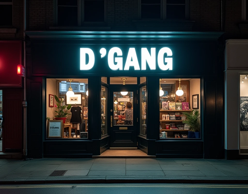 Front of a music label named D"GANG in capital letters on the facade, in gray neon, street underground