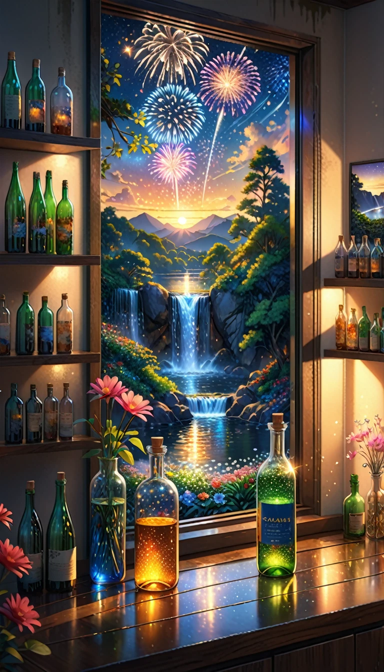 (masterpiece, Highest quality, Very detailed:1.2, Realistic, super photoRealistic, Realistic illustration, 8k),
Professional Color Grading, Sharp focus, Professional Lighting, Depth of written boundary, ((landscape)), ((Science fiction movies)), ((Concept Art))
Bottle close-up,
The colors of the flowers sparkle、afternoon, waterfall, Big tree, Starry Night, sunset, City in a glass bottle, filling glass bottle with the sparkling Starry Night and city, filling glass bottle with the sunset view, Many glass bottles on the shelf, The shelves are kept in the house, contrast,local,firework:2