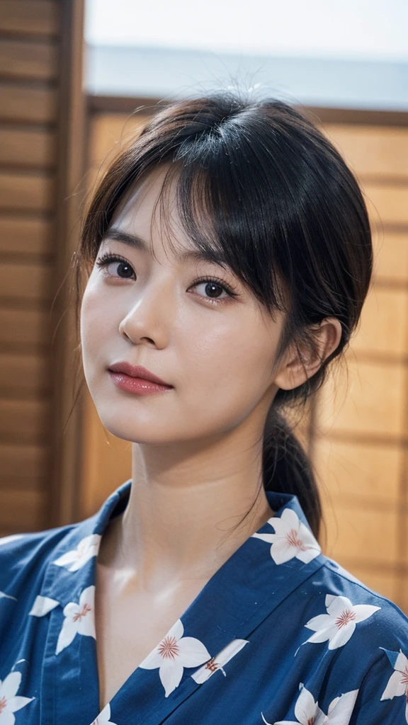 Model actress、One Woman、cool、Japanese and half European、Close-up of face、30 generation beauty、Realistic Skin、yukata