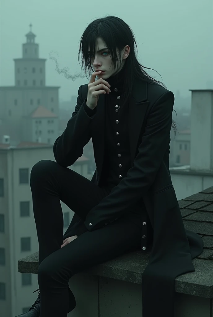 A sexy male  with teal blue eyes and long black hair, with a nice and delicate face, dressed in gothic clothes, his skin is pale and snow white, he is smoking a cigarette while sitting on the edge of the rooftop.