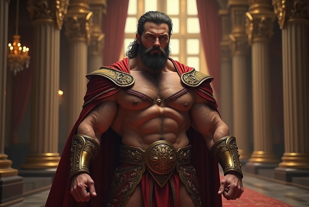 realist, (masterpiece), (photorealist:1.3), ultra detailed, (high detailed:1.2), (Best Quality:1.0),  manly, muscular, Tall Man, body hair, chest hair, A man in royal attire, 35 years, covered with a small insulting armor, fancy, full body character sheet, huge bulge in crotch, cuerpo muscular, full body view, inside a castle, very small thread loincloth, Haircut, Shadow of six o&#39;clock.