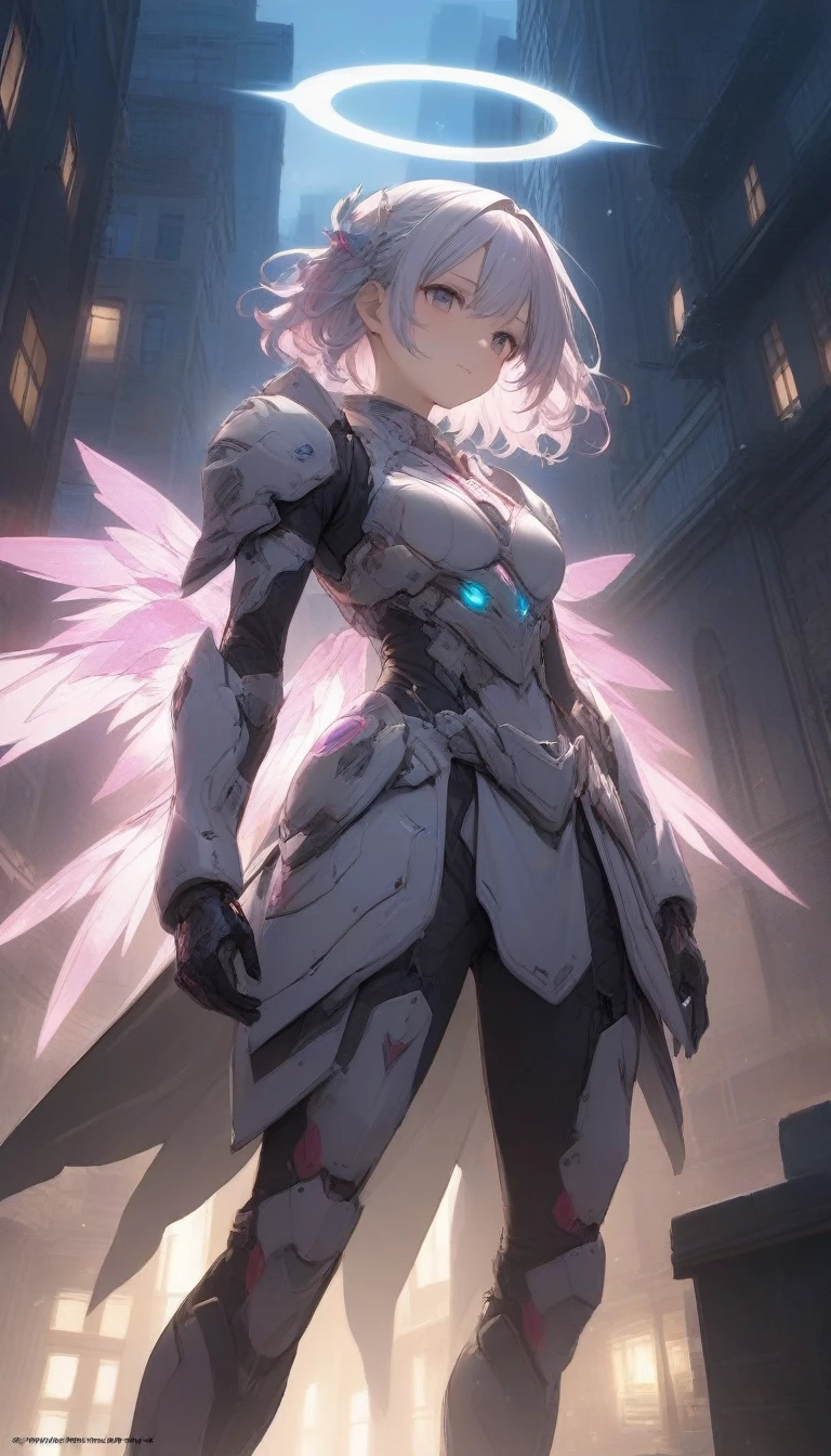 (Highest quality, masterpiece, colorful, Dynamic Angle, From below, highest detailed)Upper body photo, Full body photo, Cute Mechengel fashion photo, Four glowing wings, alone, Luminous armor, Glowing halo, building, Four glowing mechanical wings (複雑なdetailed, hyperdetailed:1.15), detailed, Light passing through hair, (Official Art, extreme detailed, highest detailed), High resolution+