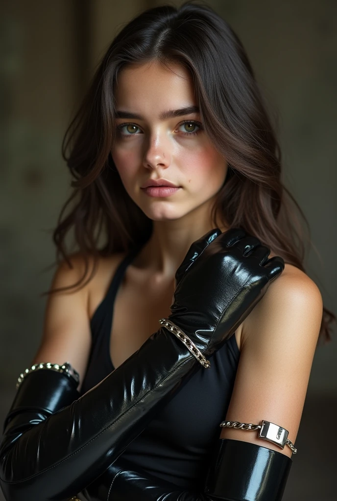 . The girl is wearing long, thick, elbow-length latex gloves that are locked. They are impossible to take off, the gloves are shiny. The gloves have padlocks on the wrists and elbows. The latex gloves also have metal padlocks. They are located on the wrist and elbow. On the girl's elbow there are cuffs that are locked with large metal padlocks that firmly fix long thick latex gloves up to the elbow on the girl's hands. There are also straps on the wrists, covered with large padlocks, which firmly fix the long, thick, elbow-length latex gloves on the girl's wrists. Beautiful girl innocent look Super realistic 