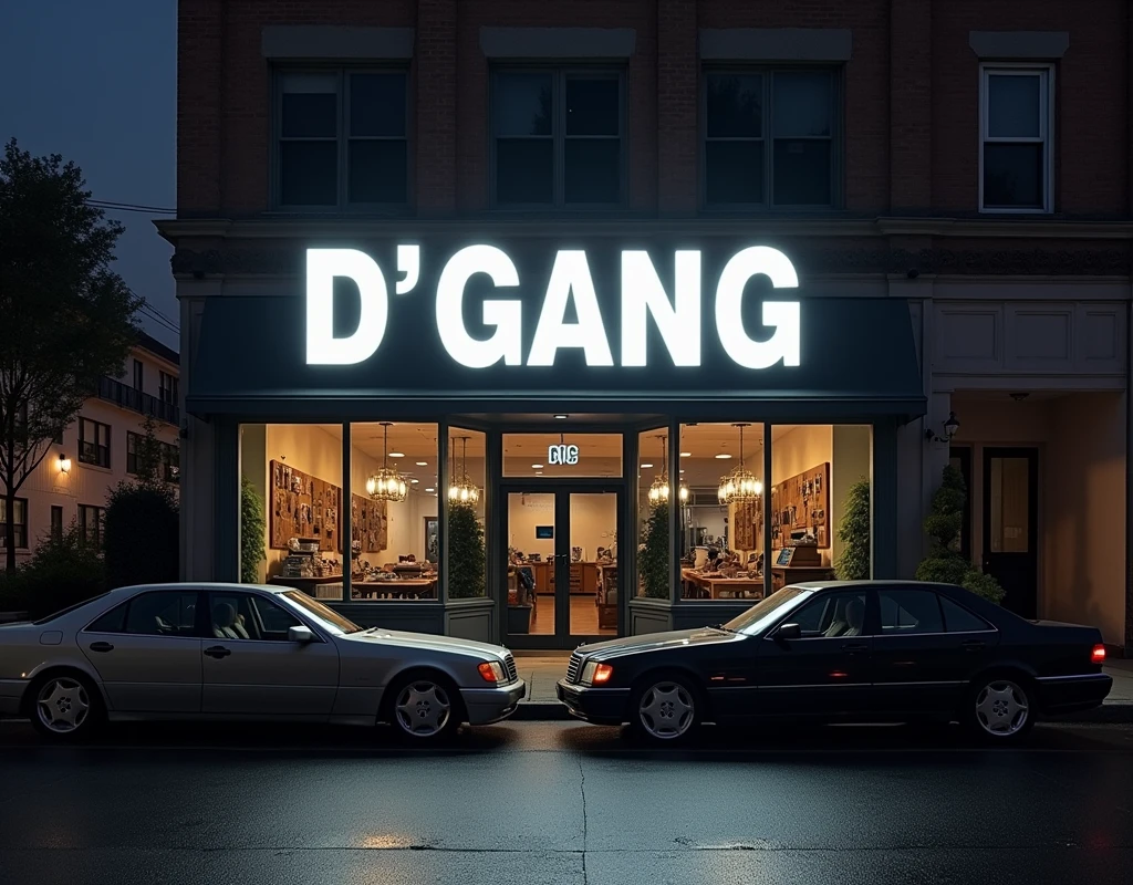 Front of a music label named D"GANG in capital letters on the facade, in gray neon, hip hop, trapp and lowrider cars at the entrance